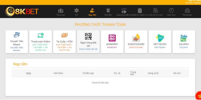 Hướng dẫn cách nạp tiền 8KBET